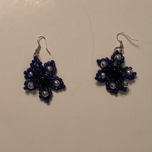 Blue Beaded Flower Earrings